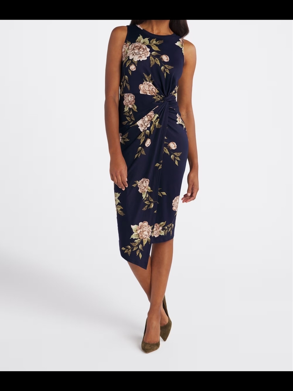 Nine Britton Navy Floral Twist-Detail Midi Dress